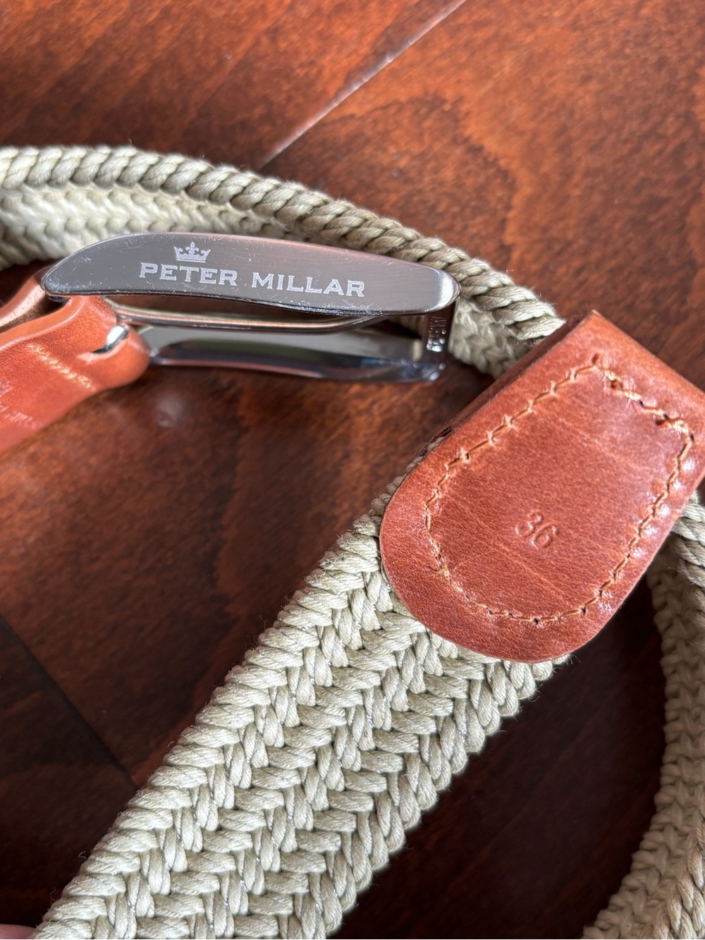 Peter Millar Crown Waxed Braided Stretch Belt, Tan with Brown Leather, Size 36